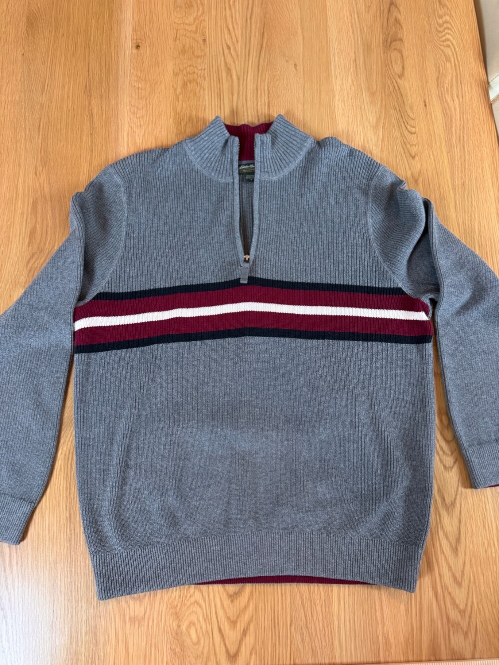 Vtg Eddie Bauer Sweater Mens XL Gray Striped 1/4 Zip Mock Neck Cotton Knit